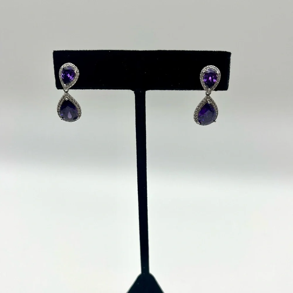 Elegant Purple Drop Earrings with Sparkling Halo Accents
